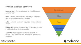 Níveis de usuários e permissões
Administrador – Acesso a todas as funcionalidades do
Administrador
Editor – Acesso para publicar e gerir artigos, páginas e
também conteúdos de outros usuários.
Autor – Somente pode gerir e publicar os seus próprios
artigos.
Colaborador – Pode escrever e gerir os seus artigos, mas
a publicação depende de aprovação.
Assinante – Apenas pode visualizar o seu perfil de
usuário. Legal para fazer uma área do site apenas para
assinantes.
VANTAGENS
Administrador
Editor
Autor
Colaborador
Assinante
 