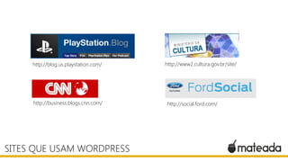 SITES QUE USAM WORDPRESS
http://blog.us.playstation.com/
http://business.blogs.cnn.com/
http://www2.cultura.gov.br/site/
http://social.ford.com/
 