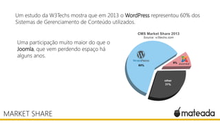 Um estudo da W3Techs mostra que em 2013 o WordPress representou 60% dos
Sistemas de Gerenciamento de Conteúdo utilizados.
MARKET SHARE
Uma participação muito maior do que o
Joomla, que vem perdendo espaço há
alguns anos.
 