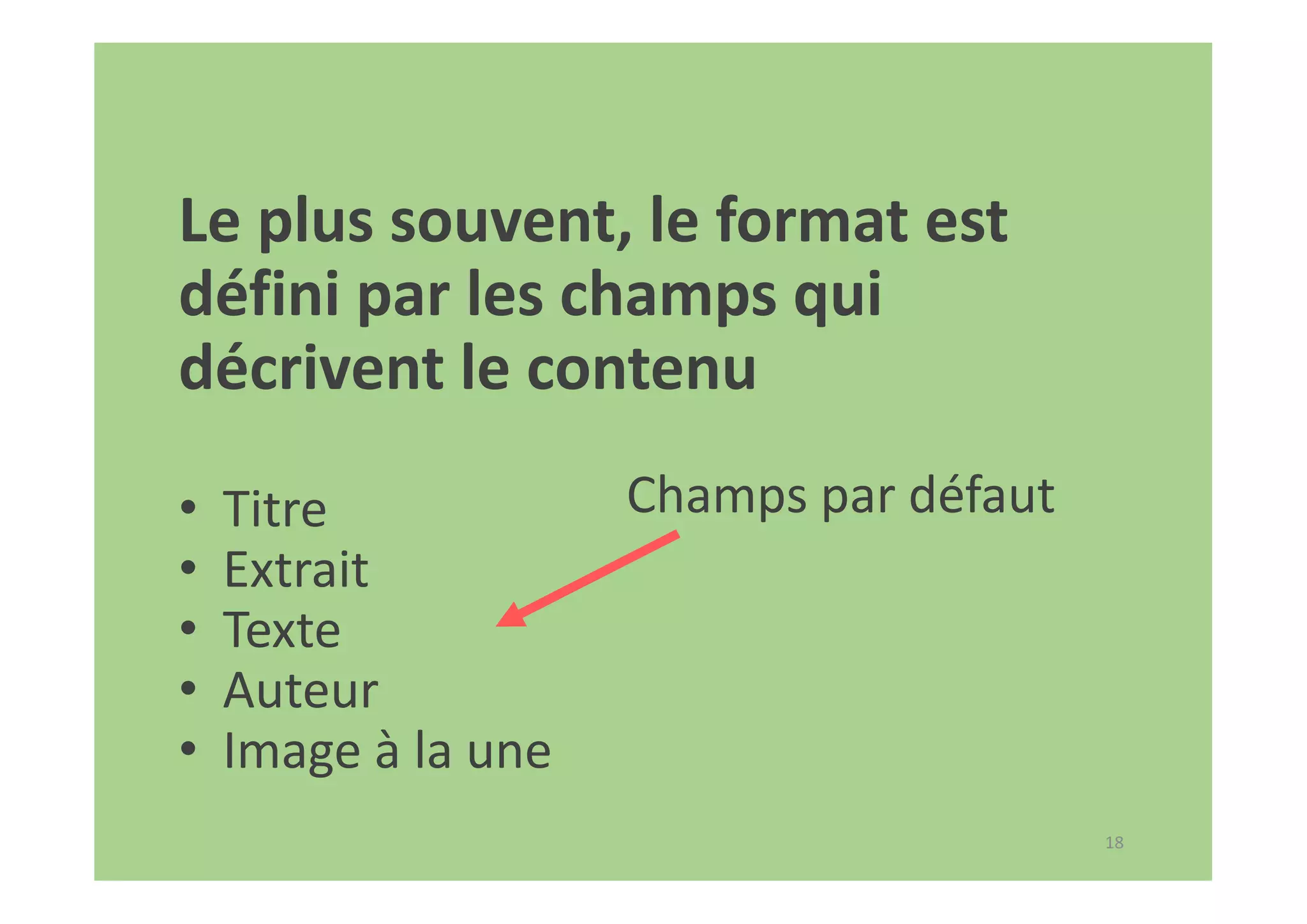 18
Le plus souvent, le format est
défini par les champs qui
décrivent le contenu
• Titre
• Extrait
• Texte
• Auteur
• Image à la une
Champs par défaut
 