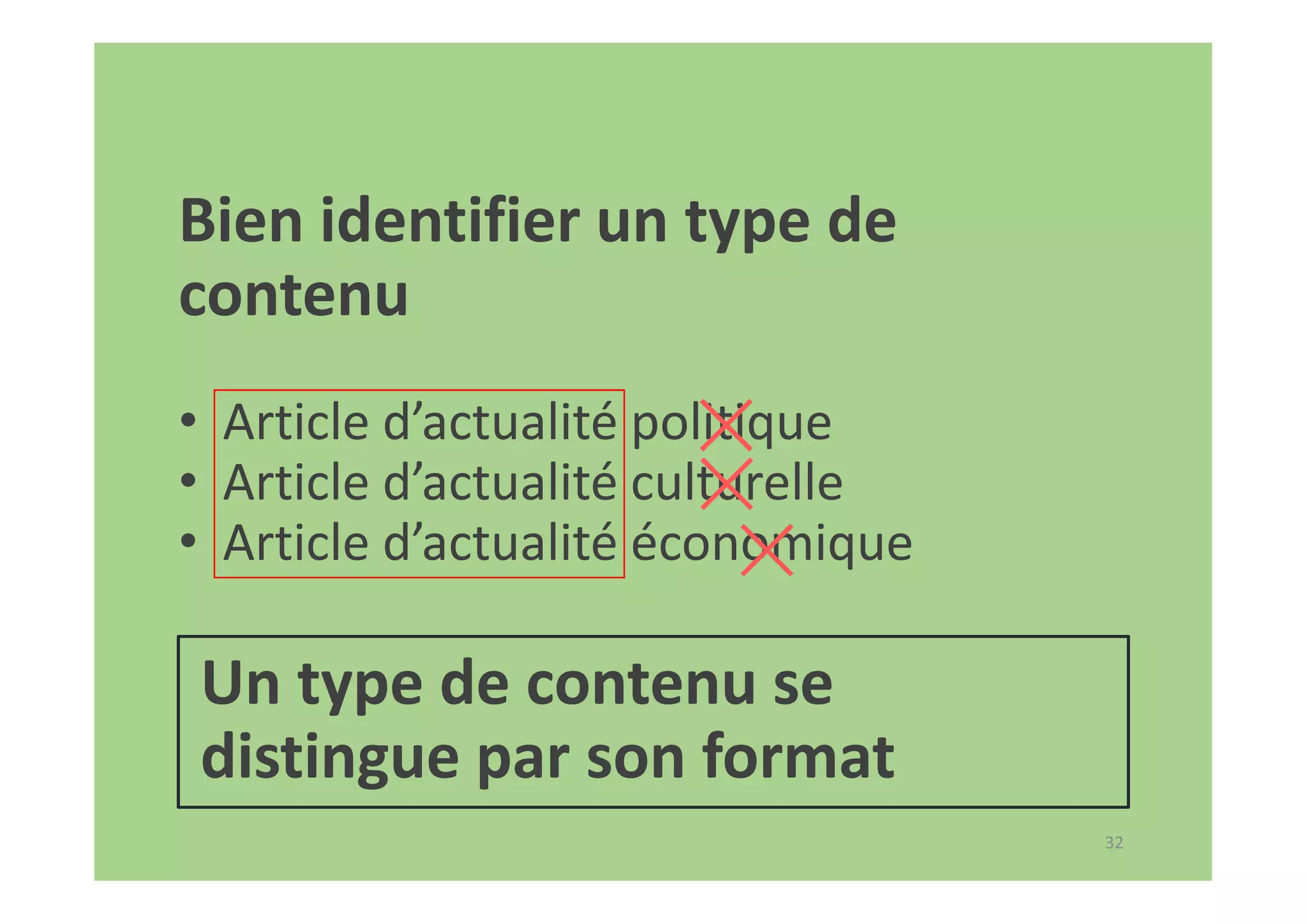 32
Bien identifier un type de
contenu
• Article d’actualité politique
• Article d’actualité culturelle
• Article d’actualité économique
Un type de contenu se
distingue par son format
 