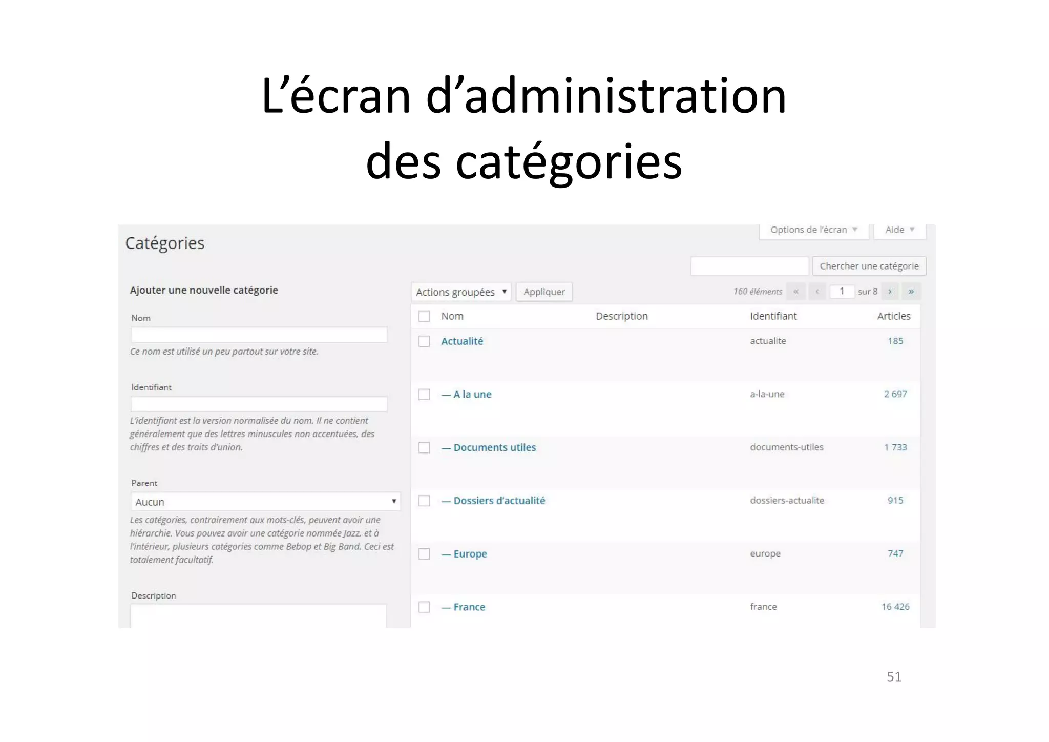 51
L’écran d’administration
des catégories
 