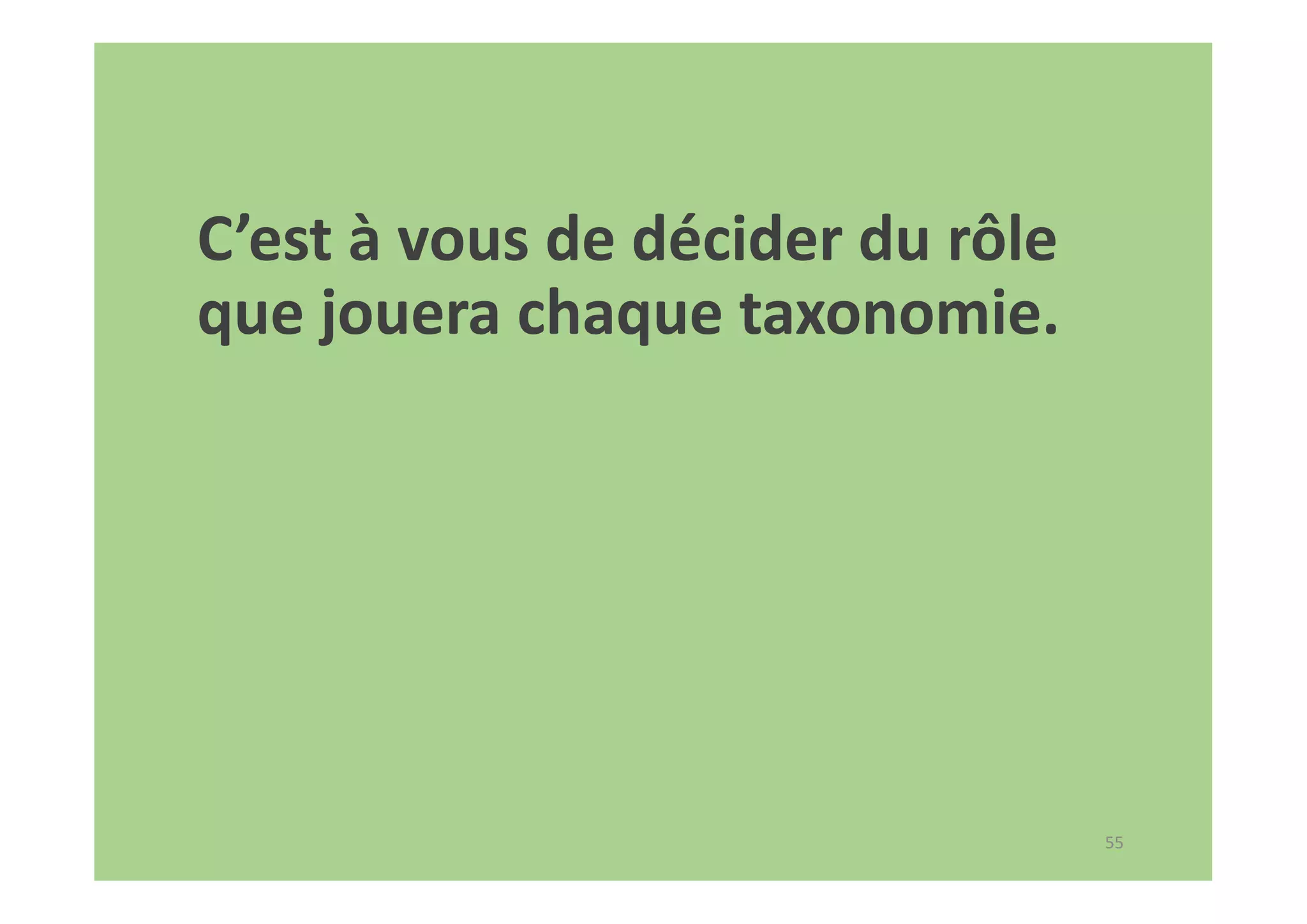 55
C’est à vous de décider du rôle
que jouera chaque taxonomie.
 