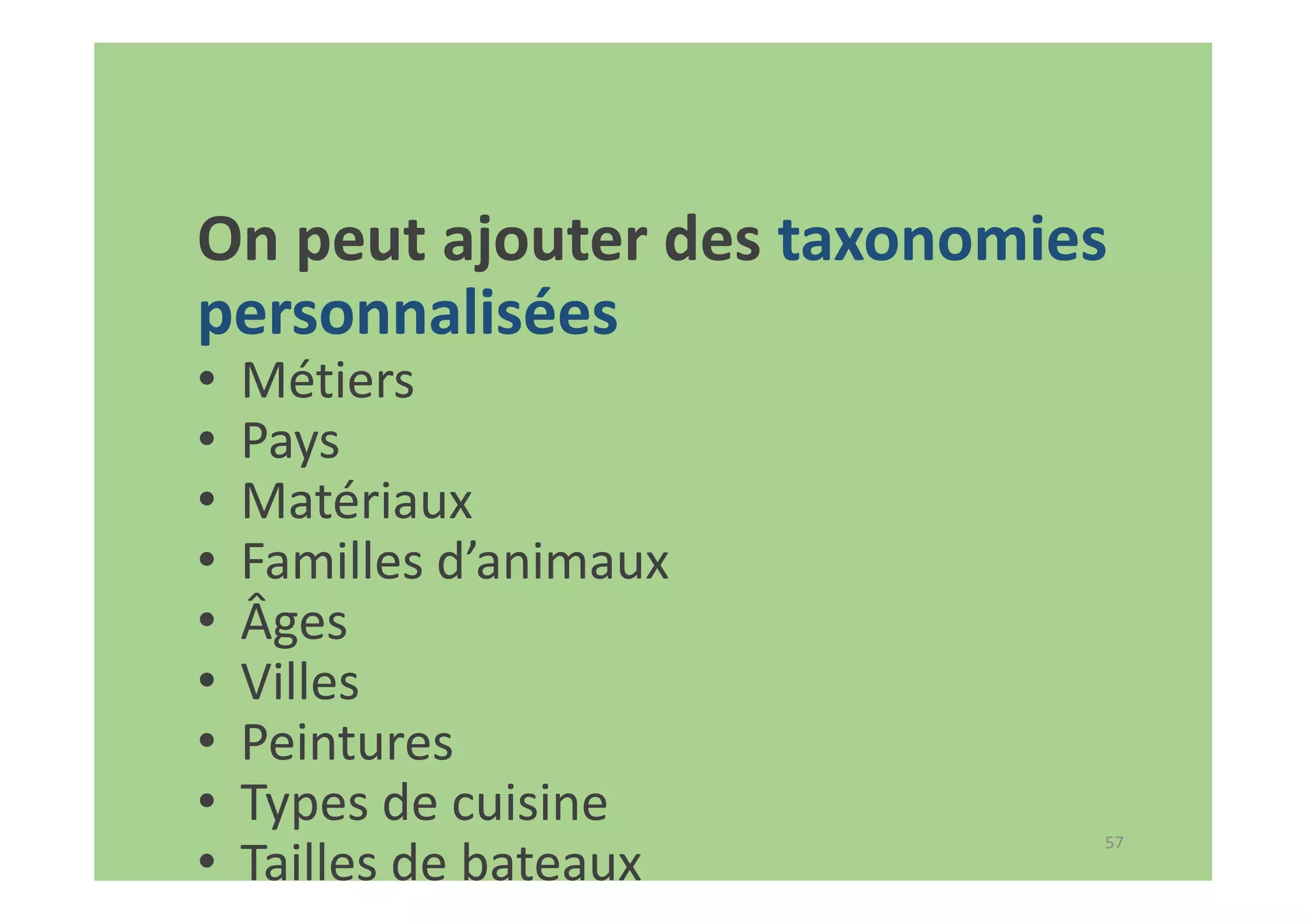 57
On peut ajouter des taxonomies
personnalisées
• Métiers
• Pays
• Matériaux
• Familles d’animaux
• Âges
• Villes
• Peintures
• Types de cuisine
• Tailles de bateaux
 