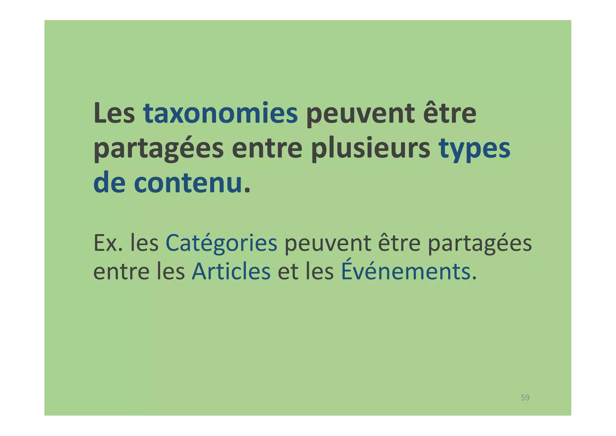 59
Les taxonomies peuvent être
partagées entre plusieurs types
de contenu.
Ex. les Catégories peuvent être partagées
entre les Articles et les Événements.
 