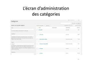 51
L’écran d’administration
des catégories
 