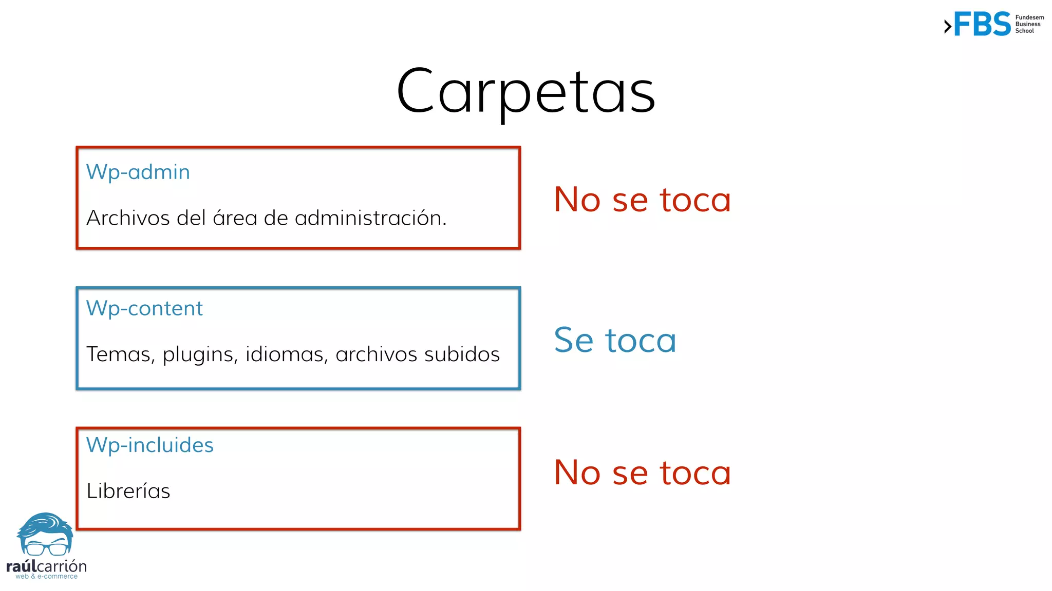 Carpetas
Wp-admin
Archivos del área de administración.
Wp-content
Temas, plugins, idiomas, archivos subidos
Wp-incluides
Librerías
Se toca
No se toca
No se toca
 