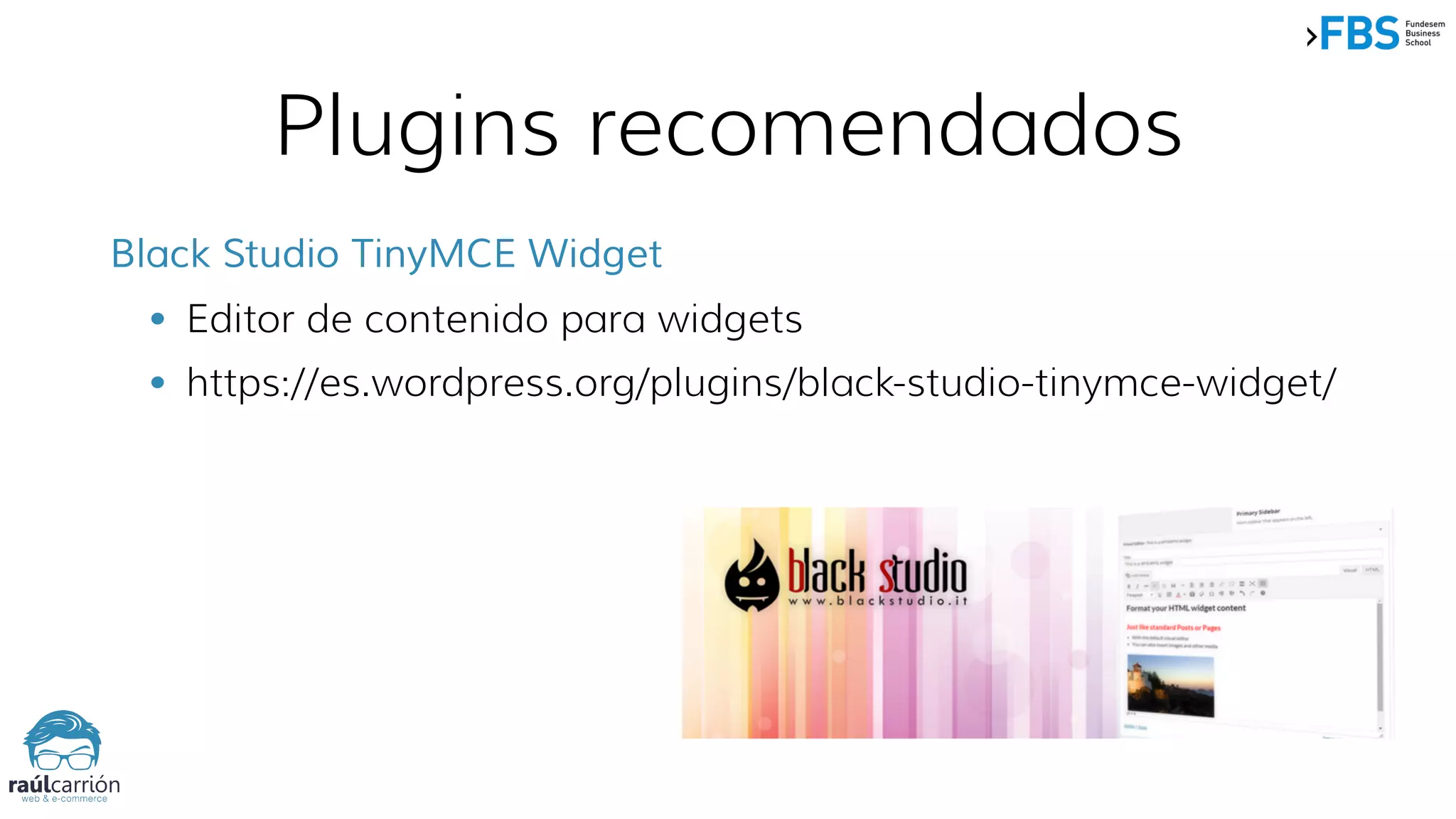 Plugins recomendados
Black Studio TinyMCE Widget
• Editor de contenido para widgets
• https://es.wordpress.org/plugins/black-studio-tinymce-widget/
 