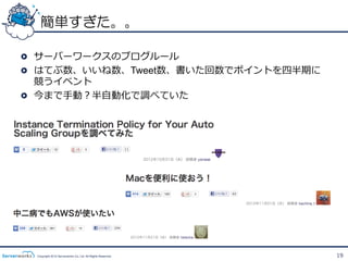 簡単すぎた。。

!   サーバーワークスのブログルール
!   はてぶ数、いいね数、Tweet数、書いた回数でポイントを四半期に
    競うイベント
!   今まで⼿手動？半⾃自動化で調べていた




 Copyright 2012 Serverworks Co, Ltd. All Rights Reserved.   19
 