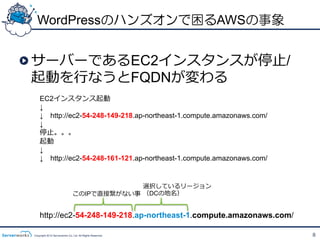 WordPressのハンズオンで困るAWSの事象


!  サーバーであるEC2インスタンスが停⽌止/
   起動を⾏行行なうとFQDNが変わる
     EC2インスタンス起動
     ↓ 　
     ↓ 　http://ec2-54-248-149-218.ap-northeast-1.compute.amazonaws.com/
     ↓ 　
     停⽌止。。。
     起動
     ↓ 　
     ↓ 　http://ec2-54-248-161-121.ap-northeast-1.compute.amazonaws.com/


                                             選択しているリージョン
                                このIPで直接繋がない事 （DCの地名）


     http://ec2-54-248-149-218.ap-northeast-1.compute.amazonaws.com/

 Copyright 2012 Serverworks Co, Ltd. All Rights Reserved.                 8
 