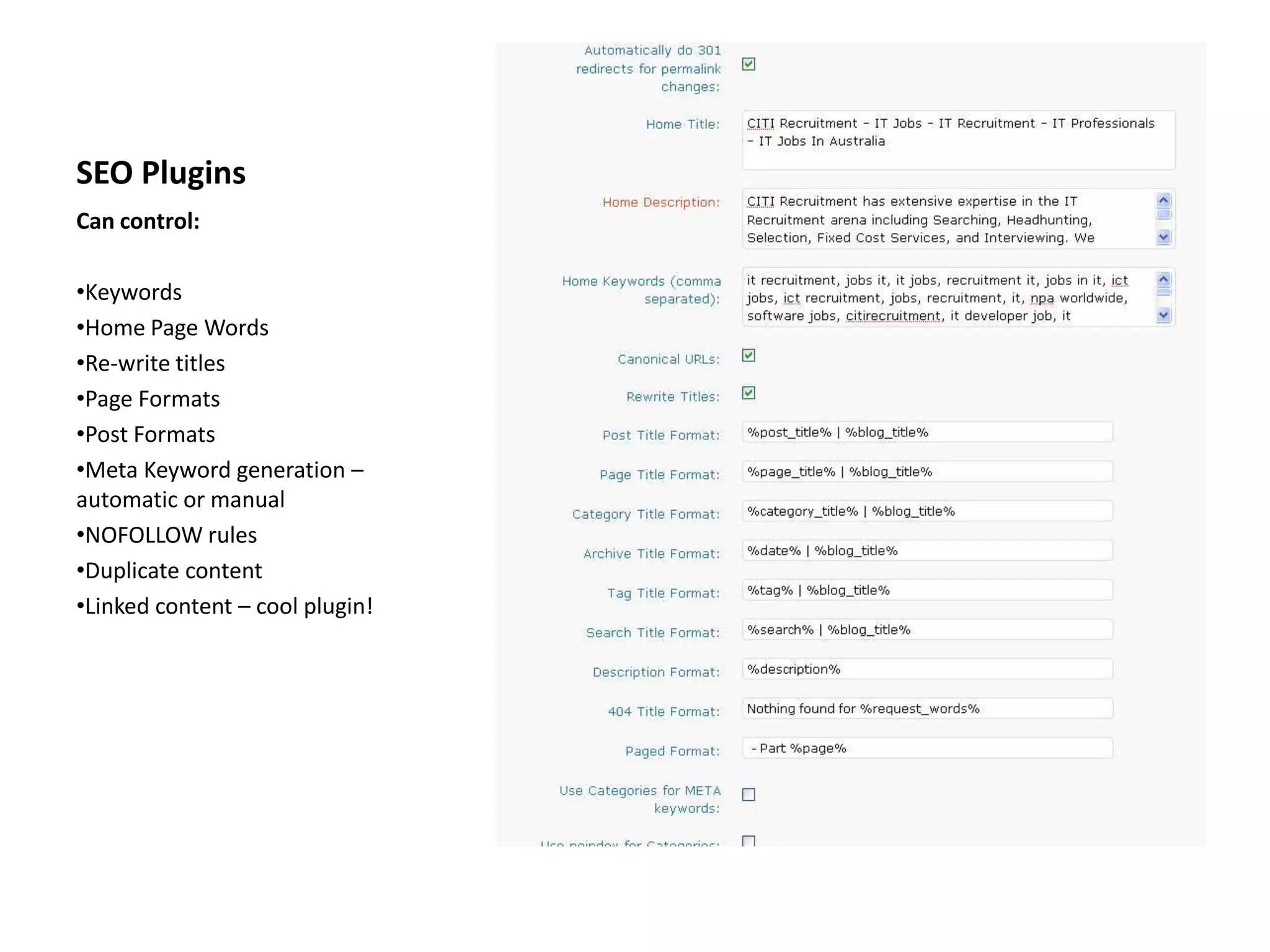 SEO PluginsCan control:Keywords