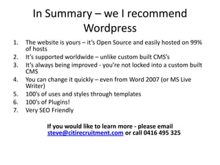 New funky social media plugins coming out all the time.Plugins and SEOSEO Plugins – we use three types in combination + Sitemap GeneratorsSocial Media – subscribe, refer a friend, send to twitter, facebook, etc…iPhone / Mobile Compatible – very cool!Extend search functions – AJAX, Suggestions etcGoogle Analytics – within wordpress *Google Maps (see picture)Newsletter Plugin – subscribe and mail-outsSecurity and Backup plugins – automatically backs up our websites and tests for security issues+ many more (come and ask me!)