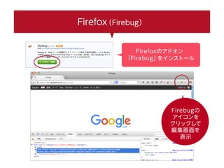 Firefoxのアドオン
「Firebug」をインストール
Firebugの
アイコンを
クリックして
編集画面を
表示
Firefox（Firebug）
 