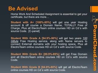Be Advised
Home Work And Scheduled Assignment is essential to get your
certificate, but there are more…
Student with A+ [100%-95%] will get one year Hosting
account & off course a Domain Name, TOTALLY Free of
Charge, Plus all ElectroTeam online courses HD on Cd`s with
source Code. [C-panel]
Student With Grade A [94.9%-90%] will get two years 100
GByte Free Hosting service, along with Name servers to
connect External domains with your hosting space, Plus all
ElectroTeam online courses HD on Cd`s with source Code.
Student With Grade B+ [89.9%-85%] will get Free Domain
and all ElectroTeam online courses HD on Cd`s with source
Code.
Student With Grade B [84.9%-80%] will get all ElectroTeam
online courses HD on Cd`s with source Code.
 