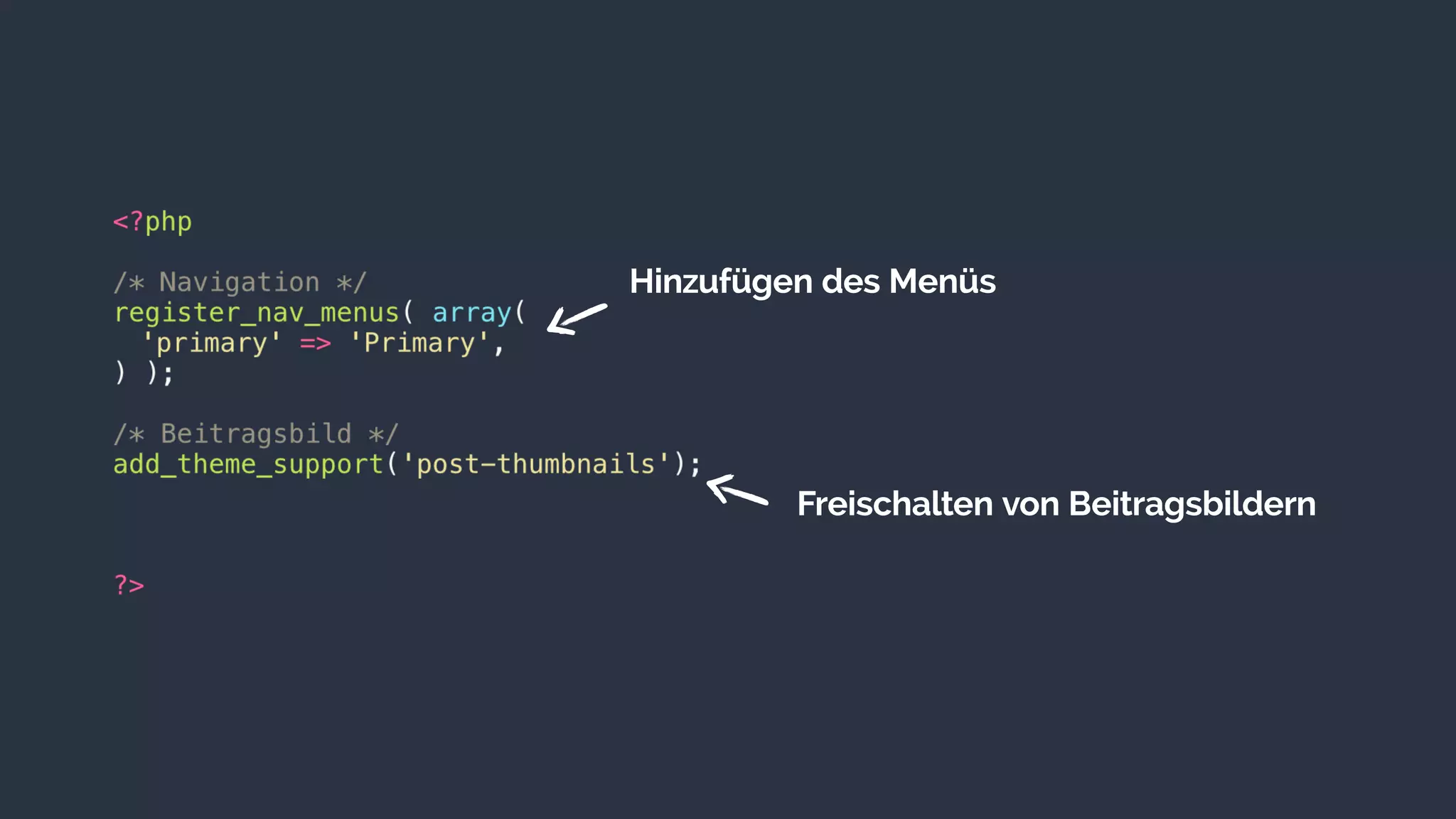 Freischalten von Beitragsbildern
Hinzufügen des Menüs
 