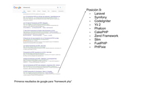 Primeros resultados de google para “framework php”
Posición 9:
- Laravel
- Symfony
- CodeIgniter
- Yii 2
- Phalcon
- CakeP...