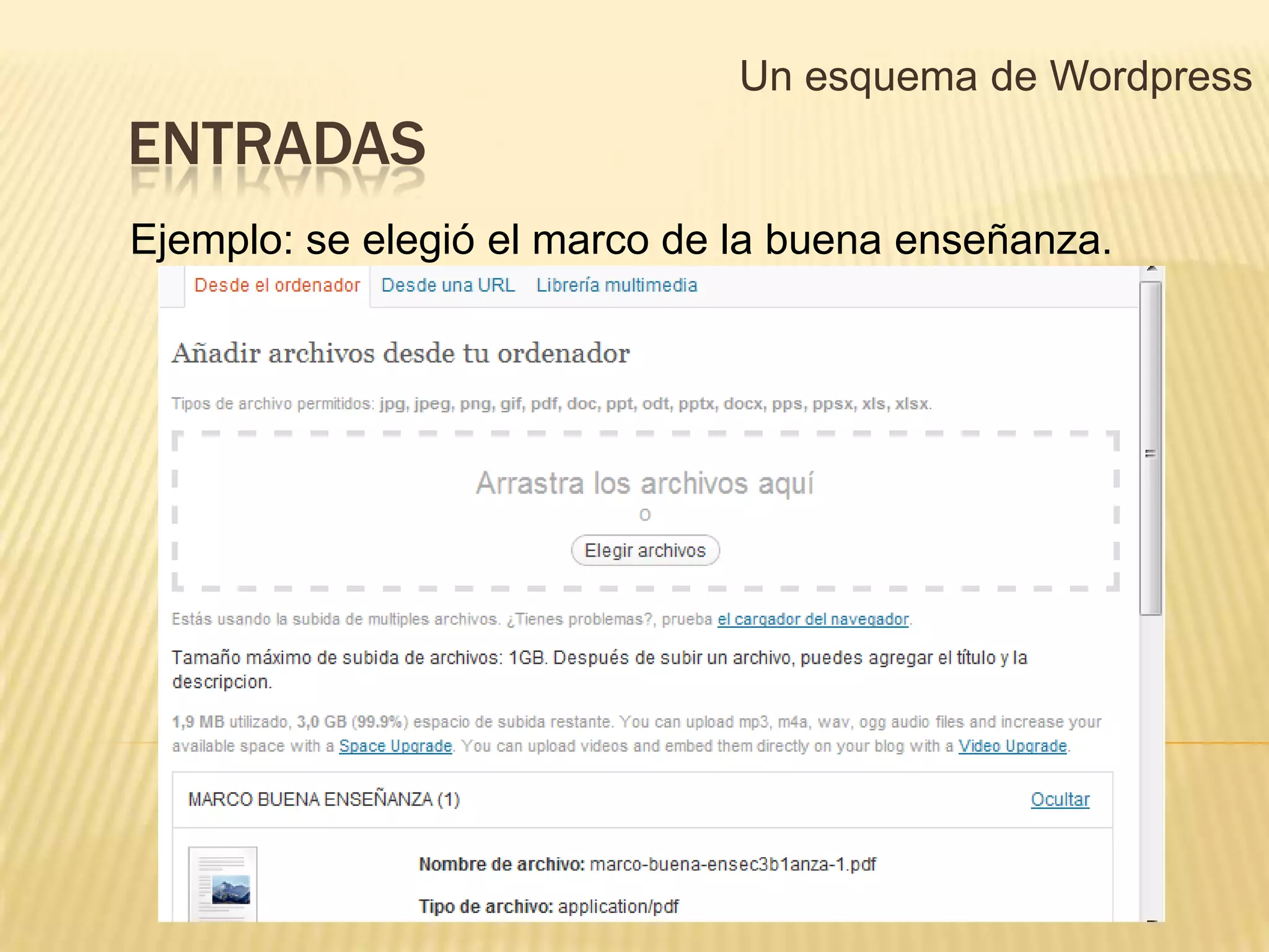 Un esquema de Wordpress
ENTRADAS
Ejemplo: se elegió el marco de la buena enseñanza.
 