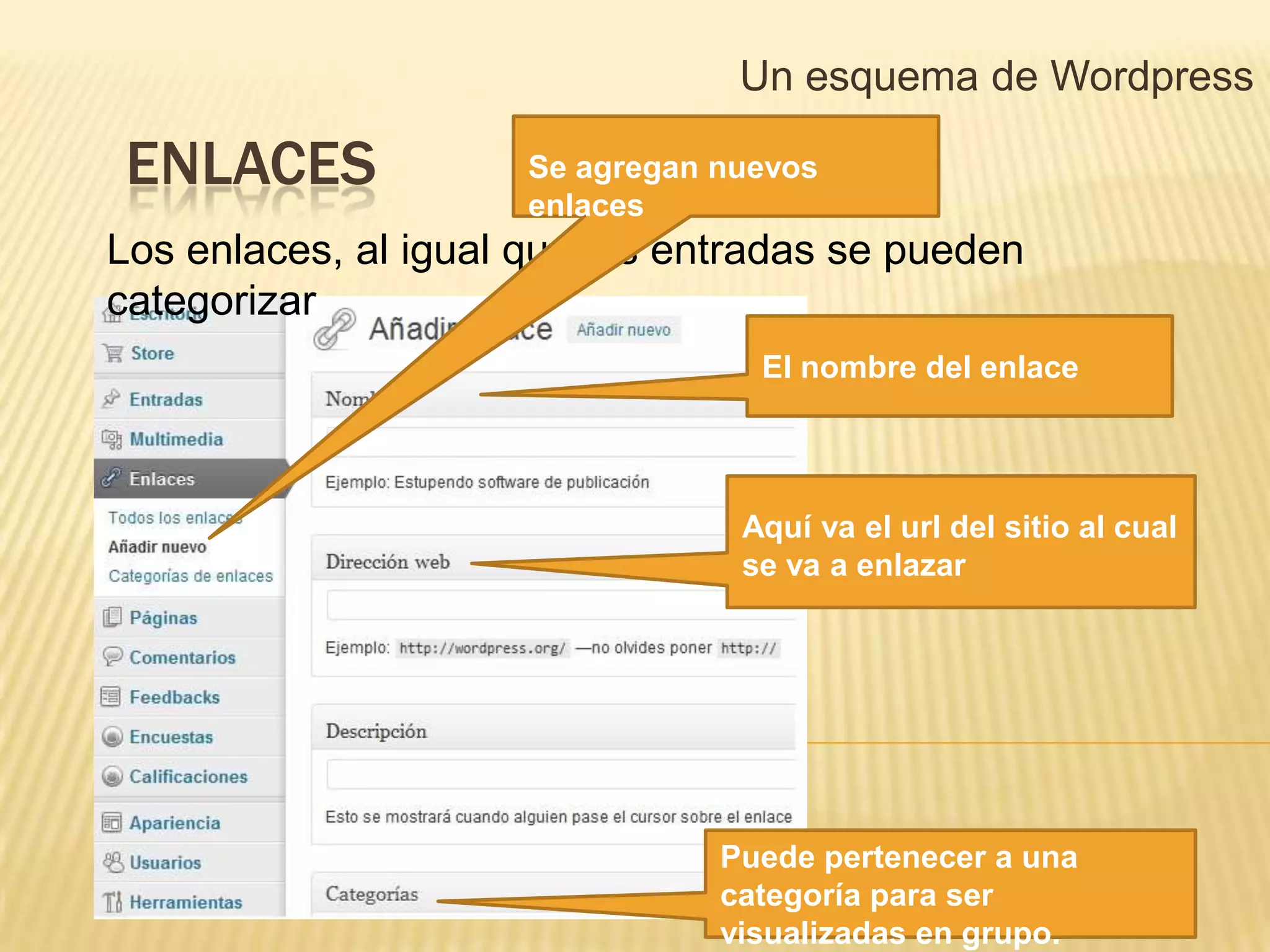 Un esquema de Wordpress

ENLACES               Se agregan nuevos
                      enlaces
Los enlaces, al igual que las entradas se pueden
categorizar
                                   El nombre del enlace




                                  Aquí va el url del sitio al cual
                                  se va a enlazar




                                 Puede pertenecer a una
                                 categoría para ser
                                 visualizadas en grupo.
 