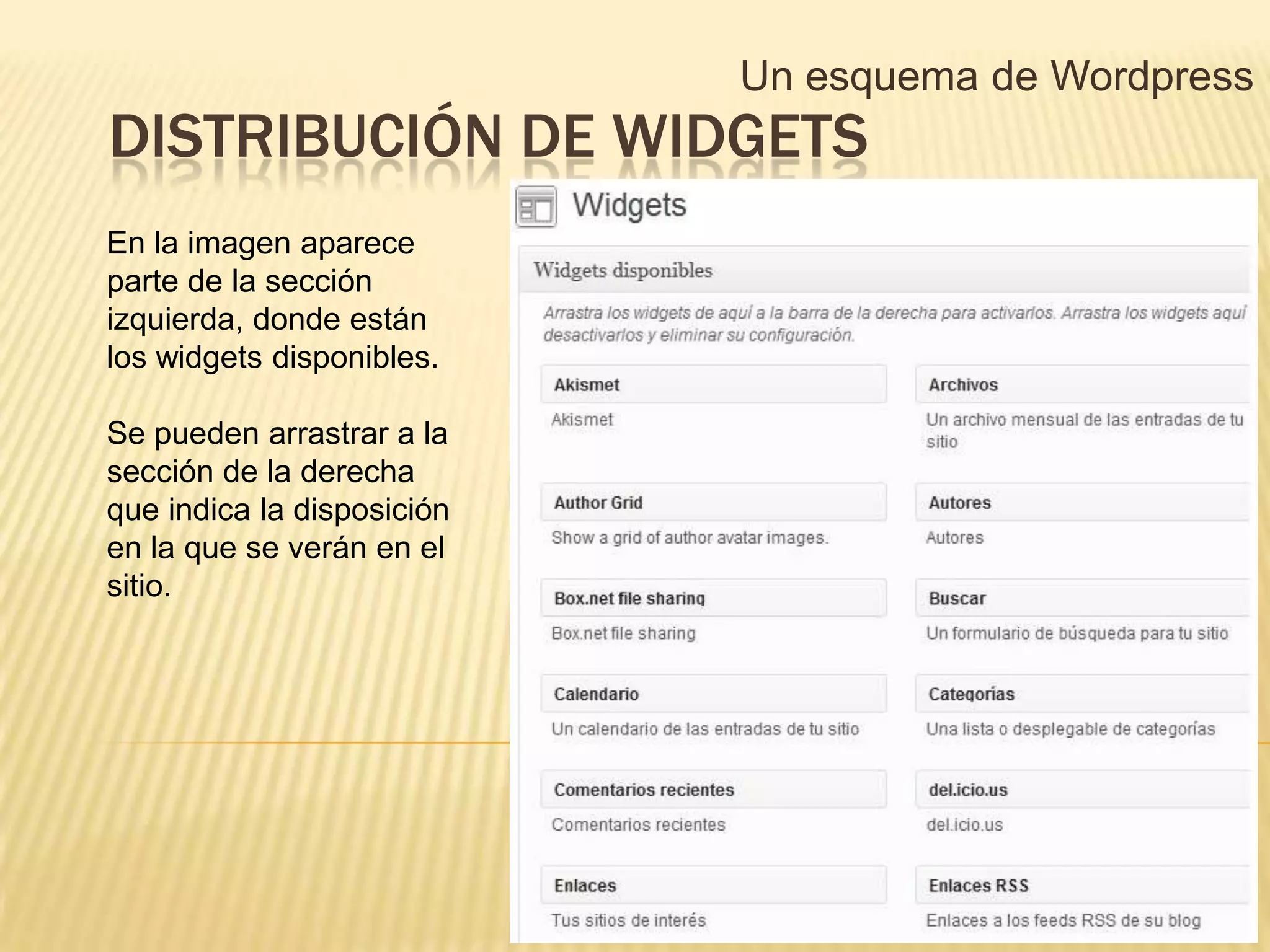 Un esquema de Wordpress
DISTRIBUCIÓN DE WIDGETS
En la imagen aparece
parte de la sección
izquierda, donde están
los widgets disponibles.

Se pueden arrastrar a la
sección de la derecha
que indica la disposición
en la que se verán en el
sitio.
 