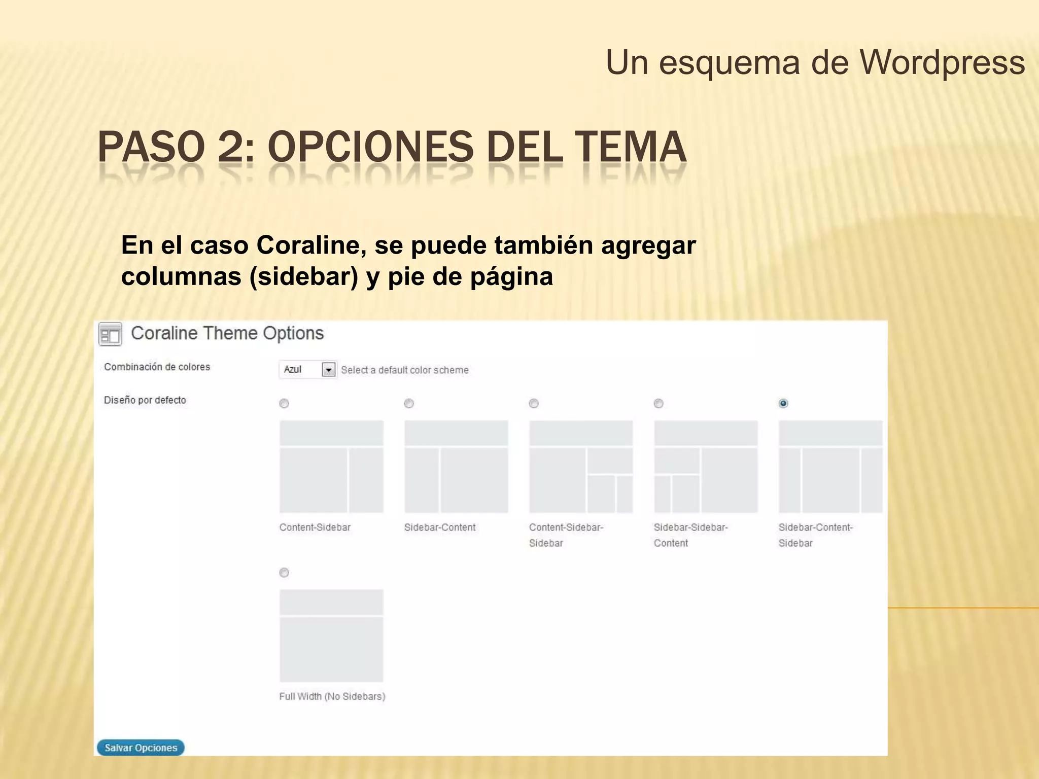 Un esquema de Wordpress

PASO 2: OPCIONES DEL TEMA
 En el caso Coraline, se puede también agregar
 columnas (sidebar) y pie de página
 