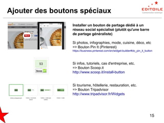 15
Ajouter des boutons spéciaux
Installer un bouton de partage dédié à un
réseau social spécialisé (plutôt qu'une barre
de partage généraliste)
Si photos, infographies, mode, cuisine, déco, etc
=> Bouton Pin It (Pinterest)
https://business.pinterest.com/en/widget-builder#do_pin_it_button
Si infos, tutoriels, cas d'entreprise, etc.
=> Bouton Scoop.it
http://www.scoop.it/install-button
Si tourisme, hôtellerie, restauration, etc.
=> Bouton Tripadvisor
http://www.tripadvisor.fr/Widgets
 