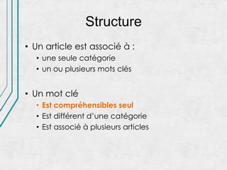 Structure
• Un article est associé à :
  • une seule catégorie
  • un ou plusieurs mots clés


• Un mot clé
  • Est compréhensibles seul
  • Est différent d’une catégorie
  • Est associé à plusieurs articles
 