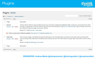 PRESENTER: Andrew Marks @entreprenerds | @trainingcollect | @creativecollect
Plugins
 