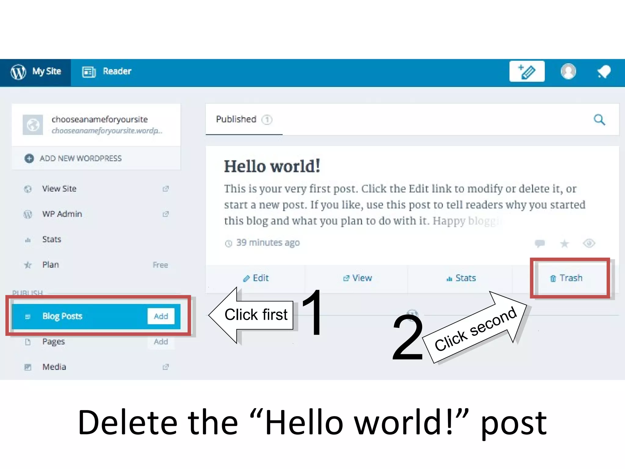 Delete the “Hello world!” post
Click first
Click second
1 2
 