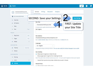 FIRST: Update
your Site Title
SECOND: Save your Settings
1
2
 