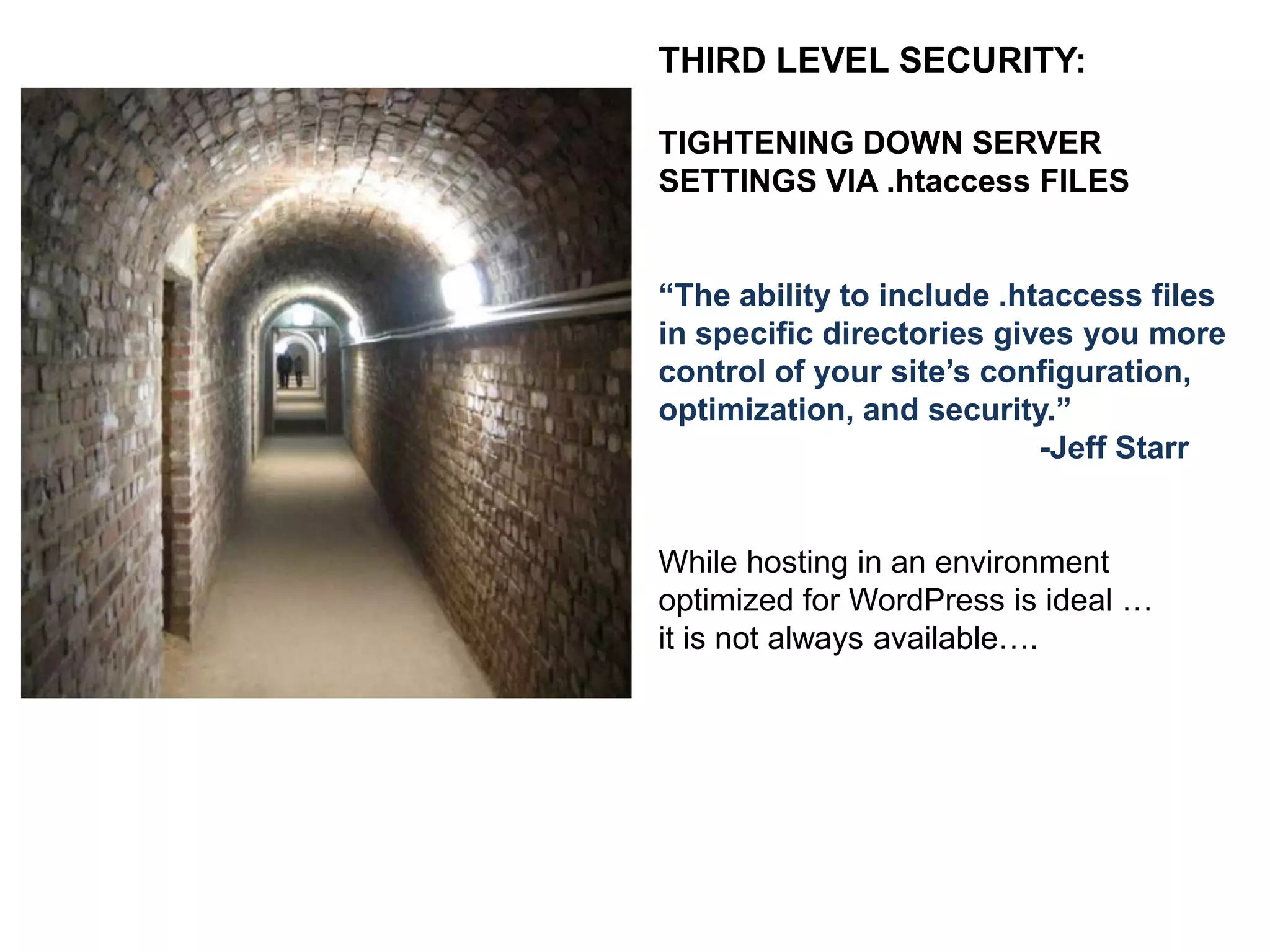 MAKE SURE THAT THE SECURITY KEYS HAVE BEEN INSERTED INTO
THE WP-CONFIG FILE

These security keys help encrypt the data that is stored in the cookies, which is data
that helps WordPress identify your computer as one that is logged into your
WordPress website as a certain user.
If your WordPress cookies are ever obtained by someone with bad intentions, the
encrypted cookie will make it much more difficult if not impossible for this individual to
compromise your website using your cookies.

 