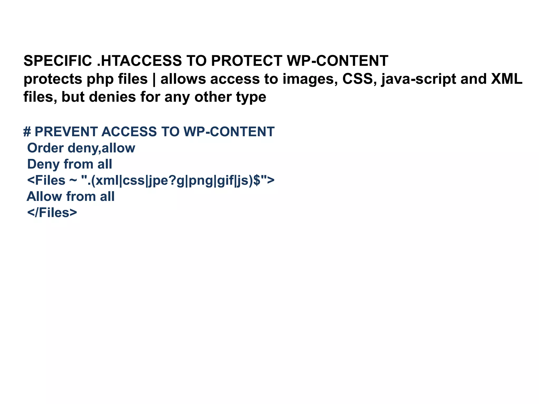 NEXT: INCLUDE THE FOLLOWING (outside the WP generated code)
#PROTECT HTACCESS FILE
<files .htaccess>
order allow,deny
deny from all
</files>
# SECURE WP-CONFIG.PHP
<Files wp-config.php>
Order Deny,Allow
Deny from all
</Files>
# BLOCK THE INCLUDE-ONLY FILES.
RewriteEngine On
RewriteBase /
RewriteRule ^wp-admin/includes/ - [F,L]
RewriteRule !^wp-includes/ - [S=3]
RewriteRule ^wp-includes/[^/]+.php$ - [F,L]
RewriteRule ^wp-includes/js/tinymce/langs/.+.php - [F,L]
RewriteRule ^wp-includes/theme-compat/ - [F,L]

 