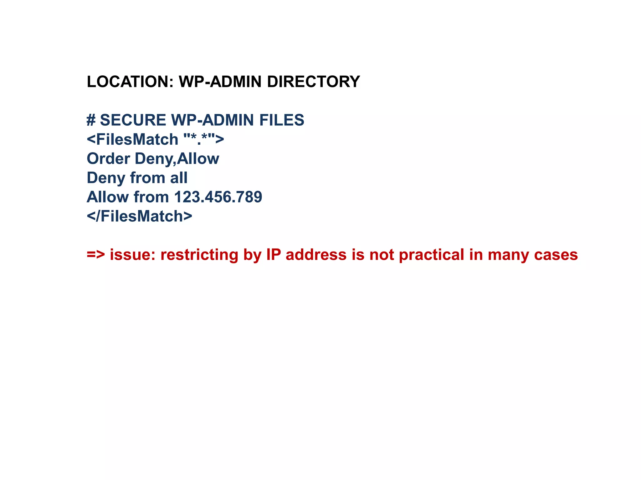 SPECIFIC .HTACCESS TO PROTECT WP-CONTENT
protects php files | allows access to images, CSS, java-script and XML
files, but denies for any other type
# PREVENT ACCESS TO WP-CONTENT
Order deny,allow
Deny from all
<Files ~ ".(xml|css|jpe?g|png|gif|js)$">
Allow from all
</Files>
AND FOR EXTRA CREDIT… KILL PHP EXECUTION IN THESE 2 LOCATIONS
/wp-content/uploads/.htaccess
/wp-includes/.htaccess
<Files *.php>
deny from all
</Files>

 