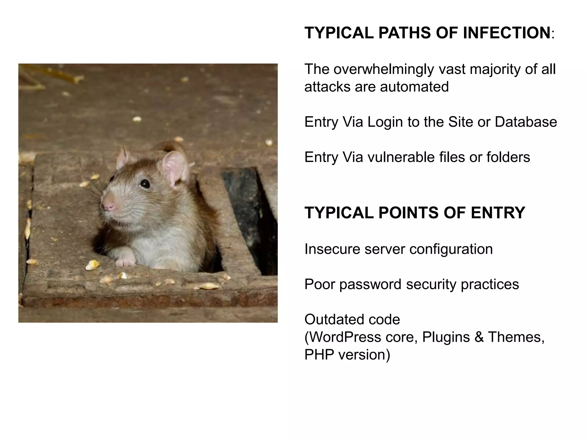 RESOURCES:
CODEX: http://codex.wordpress.org/Hardening_WordPress
CODE POET: “LOCKING DOWN WORDPRESS”
http://build.codepoet.com/2012/07/10/locking-down-wordpress/
- Rachel Baker | Brad Williams | John Ford
DIGGING INTO WORDPRESS: http://digwp.com/book/
- Chris Coyier & Jeff Starr

THE TAO OF WORDPRESS: http://wp-tao.com/
- Jeff Starr
.htaccess made easy: http://htaccessbook.com/
- Jeff Starr

 