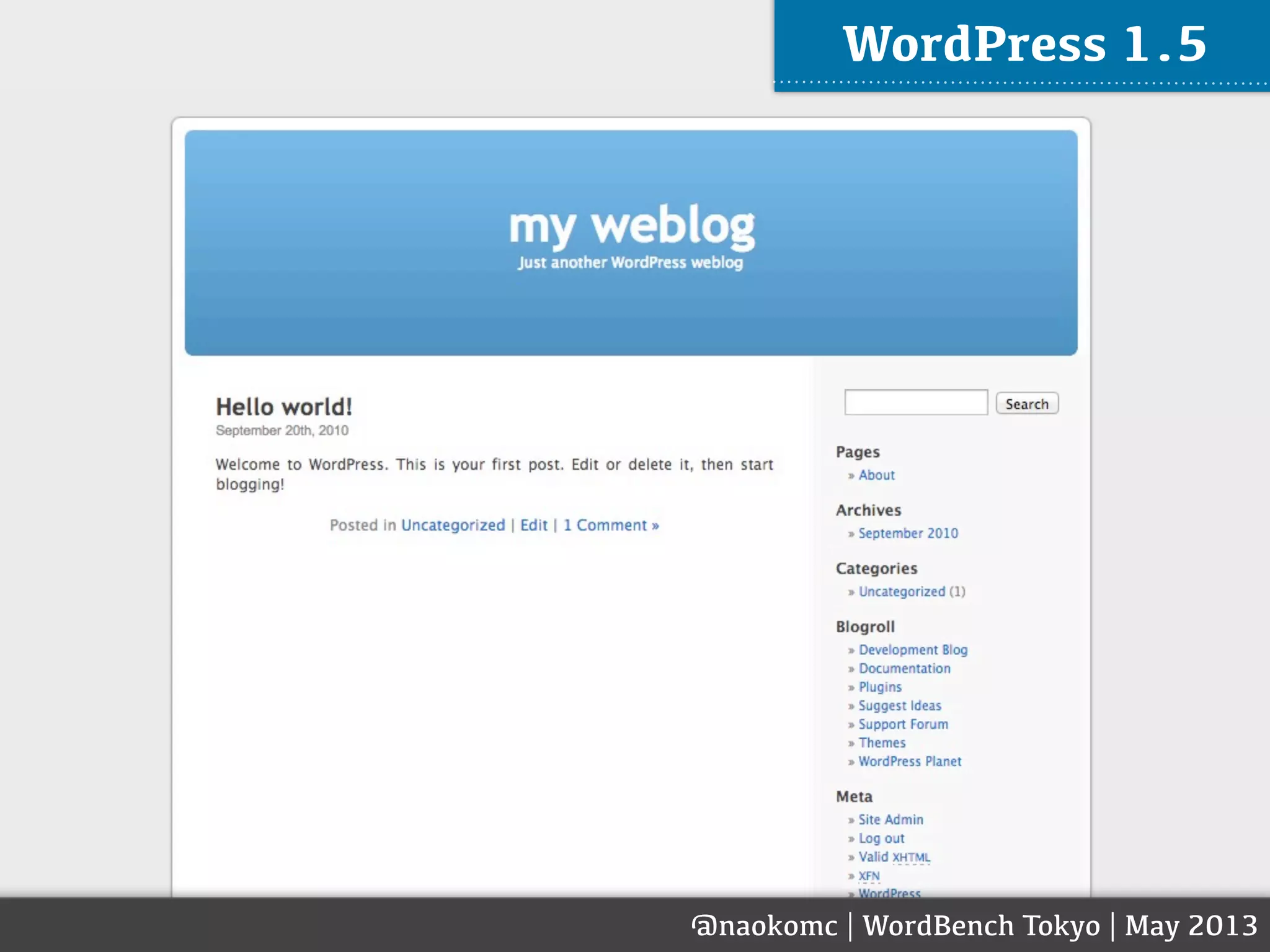 @naokomc | WordBench Tokyo | May 2013
WordPress 1.5
 