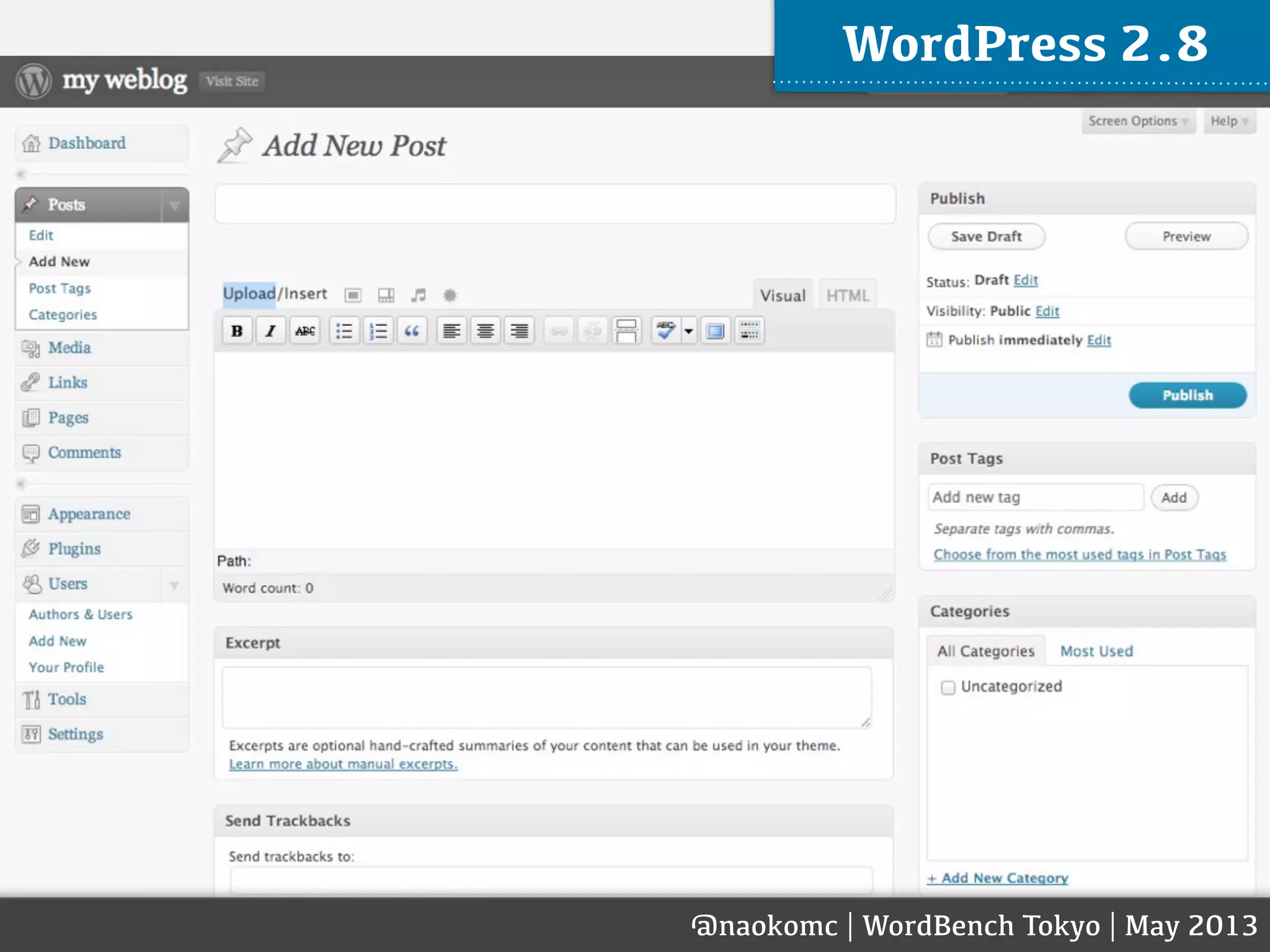 @naokomc | WordBench Tokyo | May 2013
WordPress 2.8
 