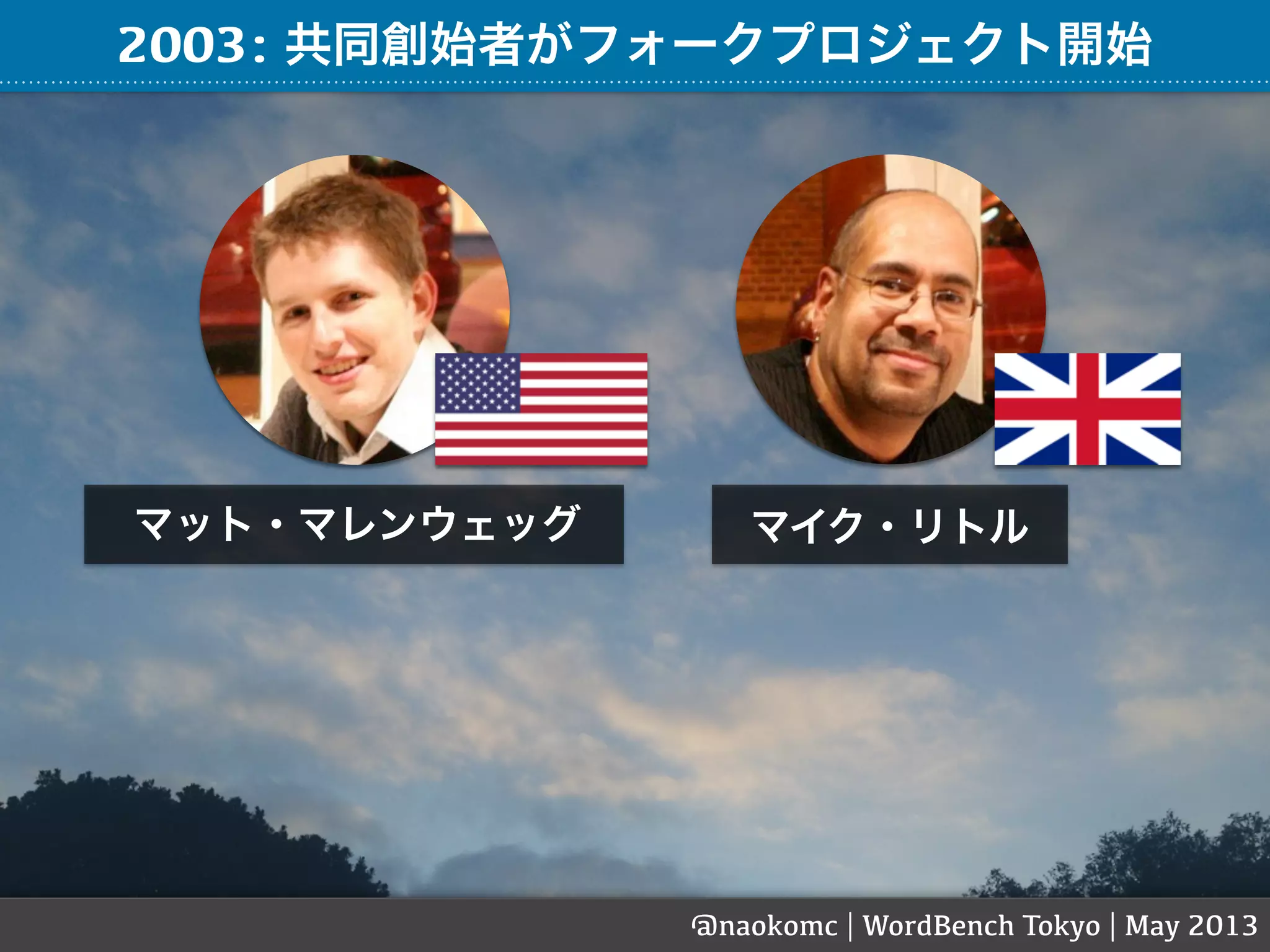 @naokomc | WordBench Tokyo | May 2013
マット・マレンウェッグ マイク・リトル
2003: 共同創始者がフォークプロジェクト開始
 