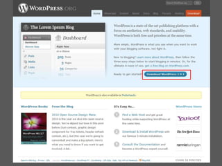 Eerstestap: DownloadenwordpressWordpress is gratis te downloaden vanaf www.wordpress.org.Er staat dat je ook een Nederlandse versie kunt downloaden, maar dat raad ik af. Ik heb daar slechte ervaringen mee, vooral dat niet alle functionaliteiten lekker werken.Mijn advies: Neem gewoon de Engelse versie.