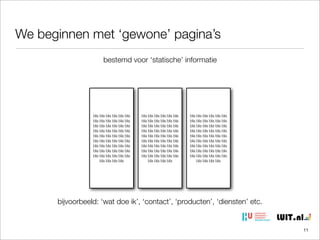 We beginnen met ‘gewone’ pagina’s
bestemd voor ‘statische’ informatie

bla bla bla bla bla bla
bla bla bla bla bla bla
bla bla bla bla bla bla
bla bla bla bla bla bla
bla bla bla bla bla bla
bla bla bla bla bla bla
bla bla bla bla bla bla
bla bla bla bla bla bla
bla bla bla bla bla bla
bla bla bla bla

bla bla bla bla bla bla
bla bla bla bla bla bla
bla bla bla bla bla bla
bla bla bla bla bla bla
bla bla bla bla bla bla
bla bla bla bla bla bla
bla bla bla bla bla bla
bla bla bla bla bla bla
bla bla bla bla bla bla
bla bla bla bla

bla bla bla bla bla bla
bla bla bla bla bla bla
bla bla bla bla bla bla
bla bla bla bla bla bla
bla bla bla bla bla bla
bla bla bla bla bla bla
bla bla bla bla bla bla
bla bla bla bla bla bla
bla bla bla bla bla bla
bla bla bla bla

bijvoorbeeld: ‘wat doe ik’, ‘contact’, ‘producten’, ‘diensten’ etc.

11

 