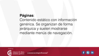 Páginas:
Contenido estático con información
genérica. Se organizan de forma
jerárquica y suelen mostrarse
mediante menús de navegación.
 