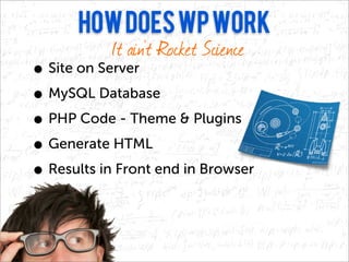 How Does WP Work
        It ain’t Rocket Science
• Site on Server
• MySQL Database
• PHP Code - Theme & Plugins
• Generate HTML
• Results in Front end in Browser
•
 