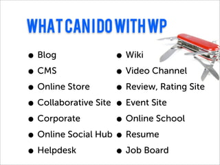 What can I do with WP
• Blog               • Wiki
• CMS                • Video Channel
• Online Store       • Review, Rating Site
• Collaborative Site • Event Site
• Corporate          • Online School
• Online Social Hub • Resume
• Helpdesk           • Job Board
 