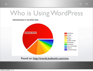 Who is Using WordPress




                          Found on: http://trends.builtwith.com/cms


Monday, December 17, 12
 
