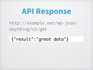 API Response
http://example.net/wp-json/
anything/v1/get
{"result":"great data"}
 
