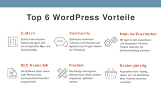 Abgesehen vom Hosting,
lassen sich mit WordPress
Web-Projekte kostenlos
umsetzen
Kostengünstig
Die Software selbst sowie
viele Themes sind
suchmaschinenfreundlich
programmiert
SEO freundlich
Mit über 50.000 kostenlosen
und Tausenden Premium
Plugins lässt sich die
Software beliebig erweitern
Modular/Erweiterbar
Einfache und intuitive
Bedienung eignet sich
hervorragend für Neu- und
Quereinsteiger
Einfach
Das Design der eigenen
Website kann relativ einfach
angepasst / geändert
werden
Flexibel
Zahlreiche kostenlose
Tutorials und Antworten auf
typische User Fragen stehen
zur Verfügung
Community
Top 6 WordPress Vorteile
 