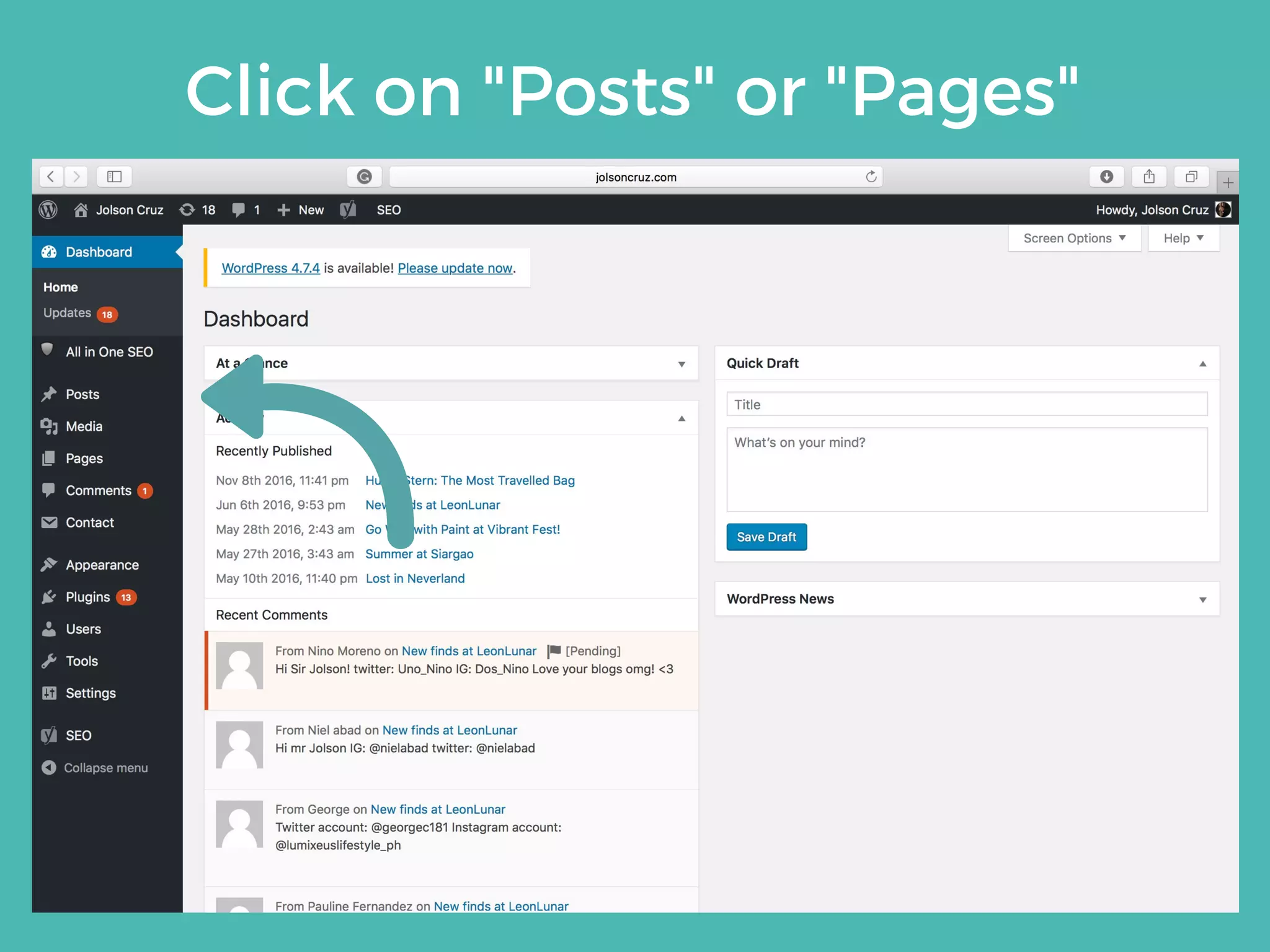 Click on "Posts" or "Pages"
 