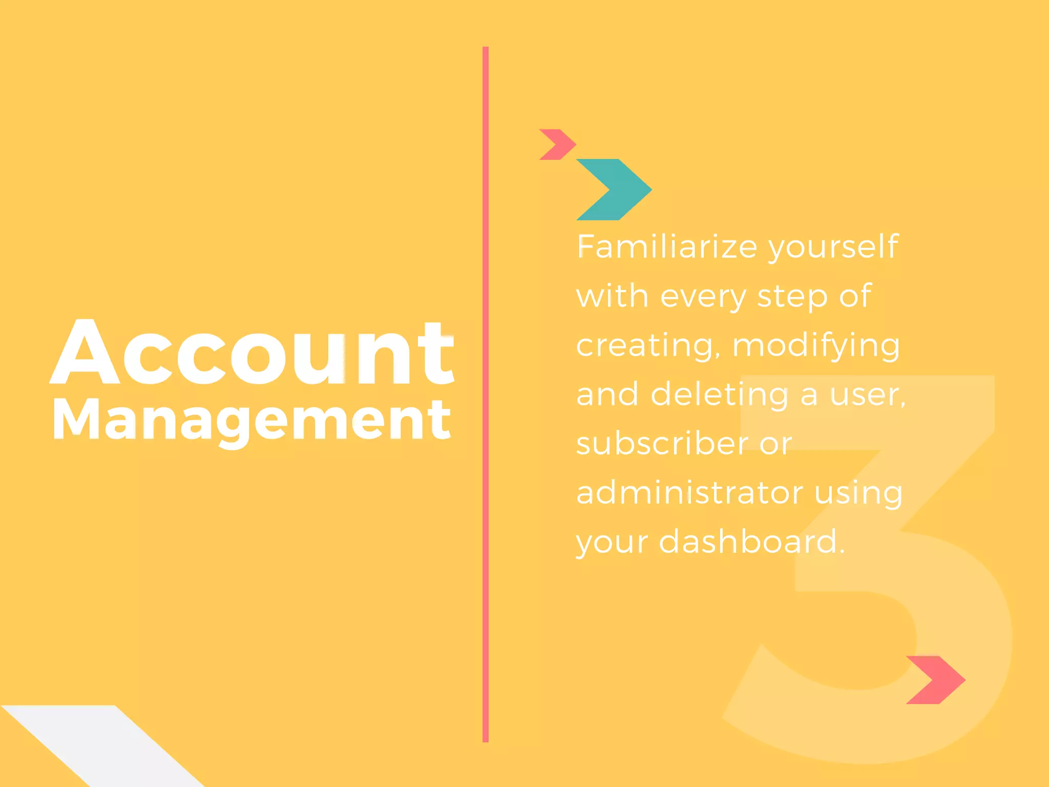 Account
 Management
3
Familiarize yourself
with every step of
creating, modifying
and deleting a user,
subscriber or
administrator using
your dashboard.
 