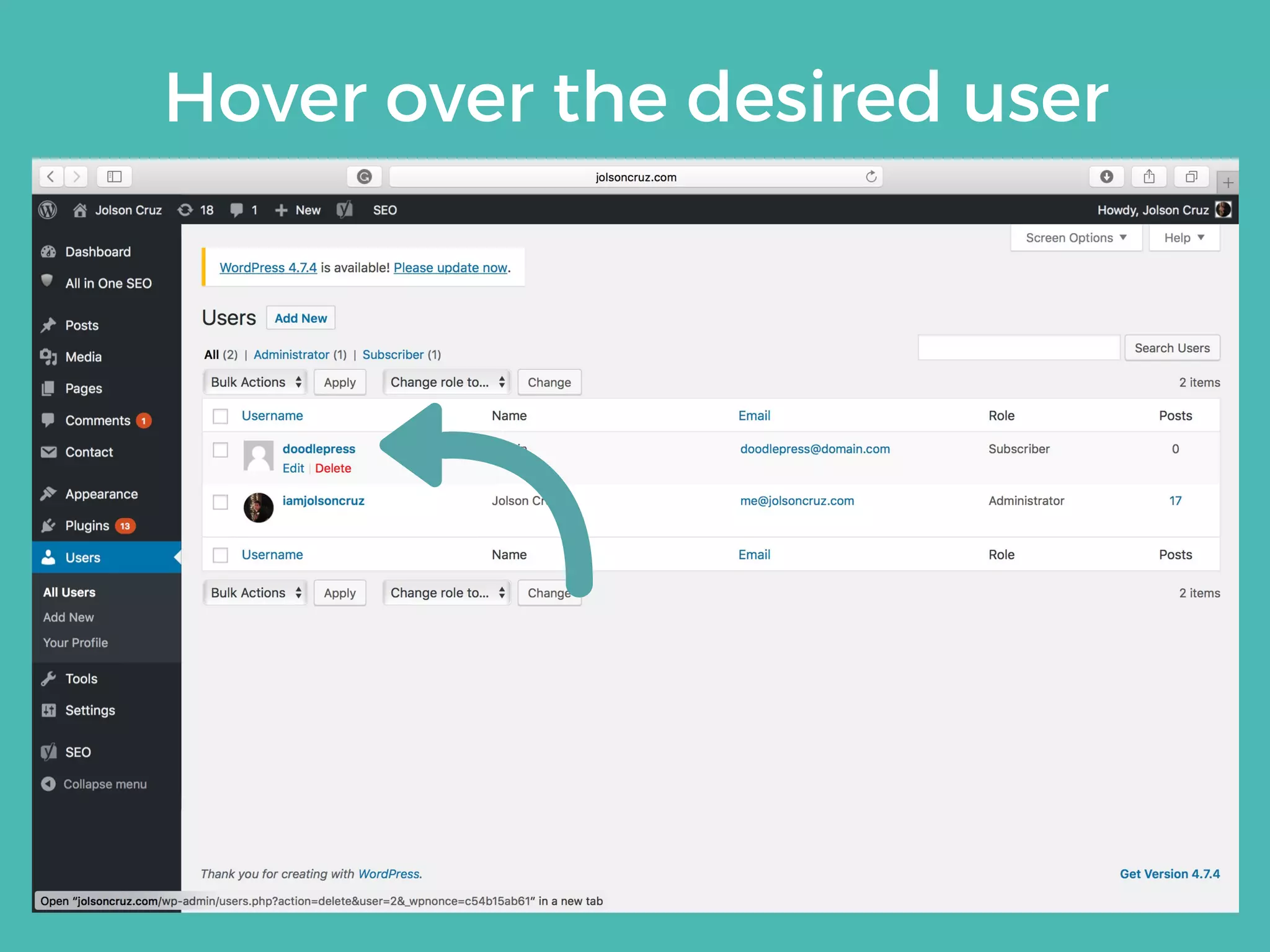Hover over the desired user
 
