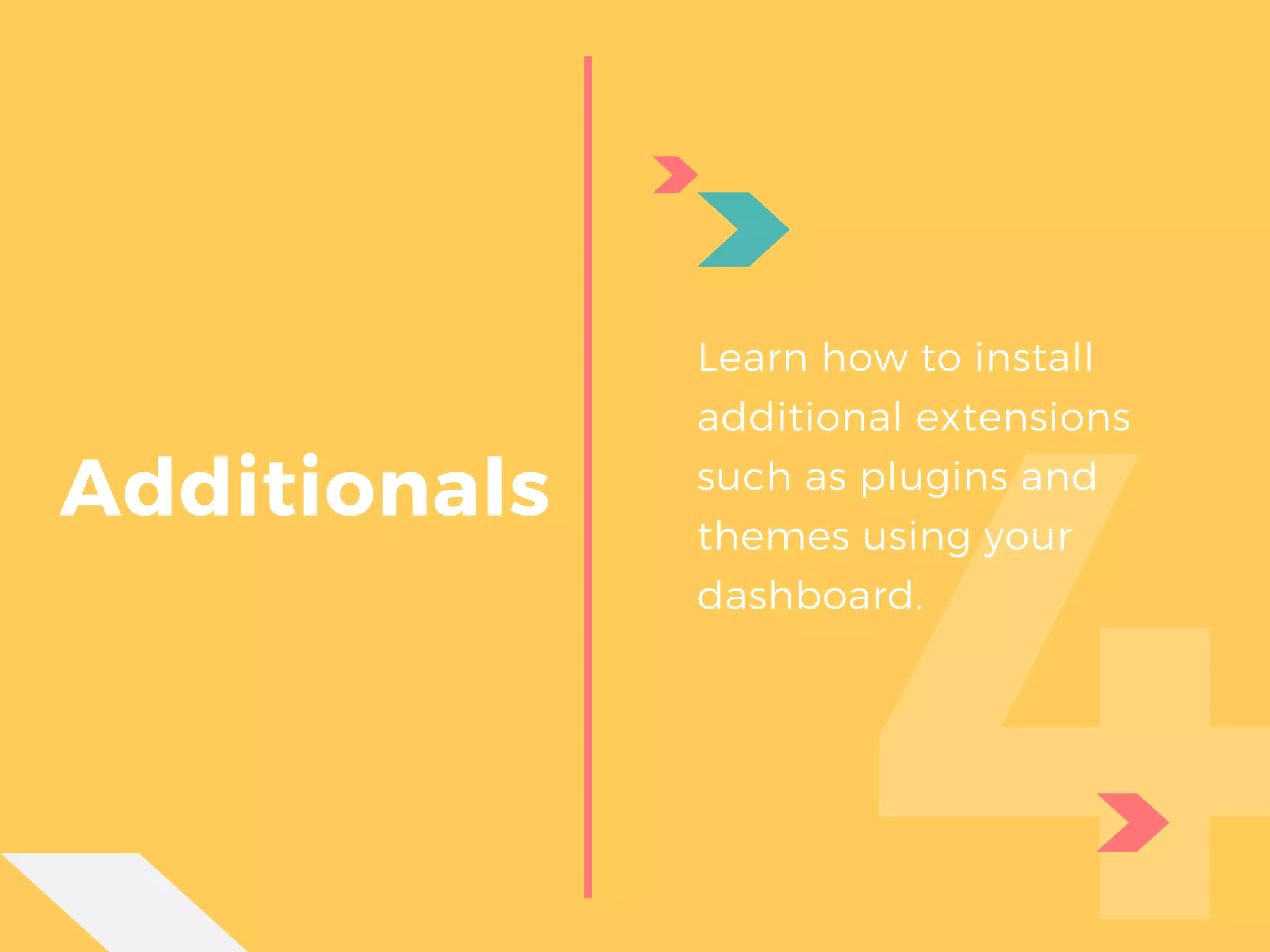 Additionals
4
Learn how to install
additional extensions
such as plugins and
themes using your
dashboard.
 