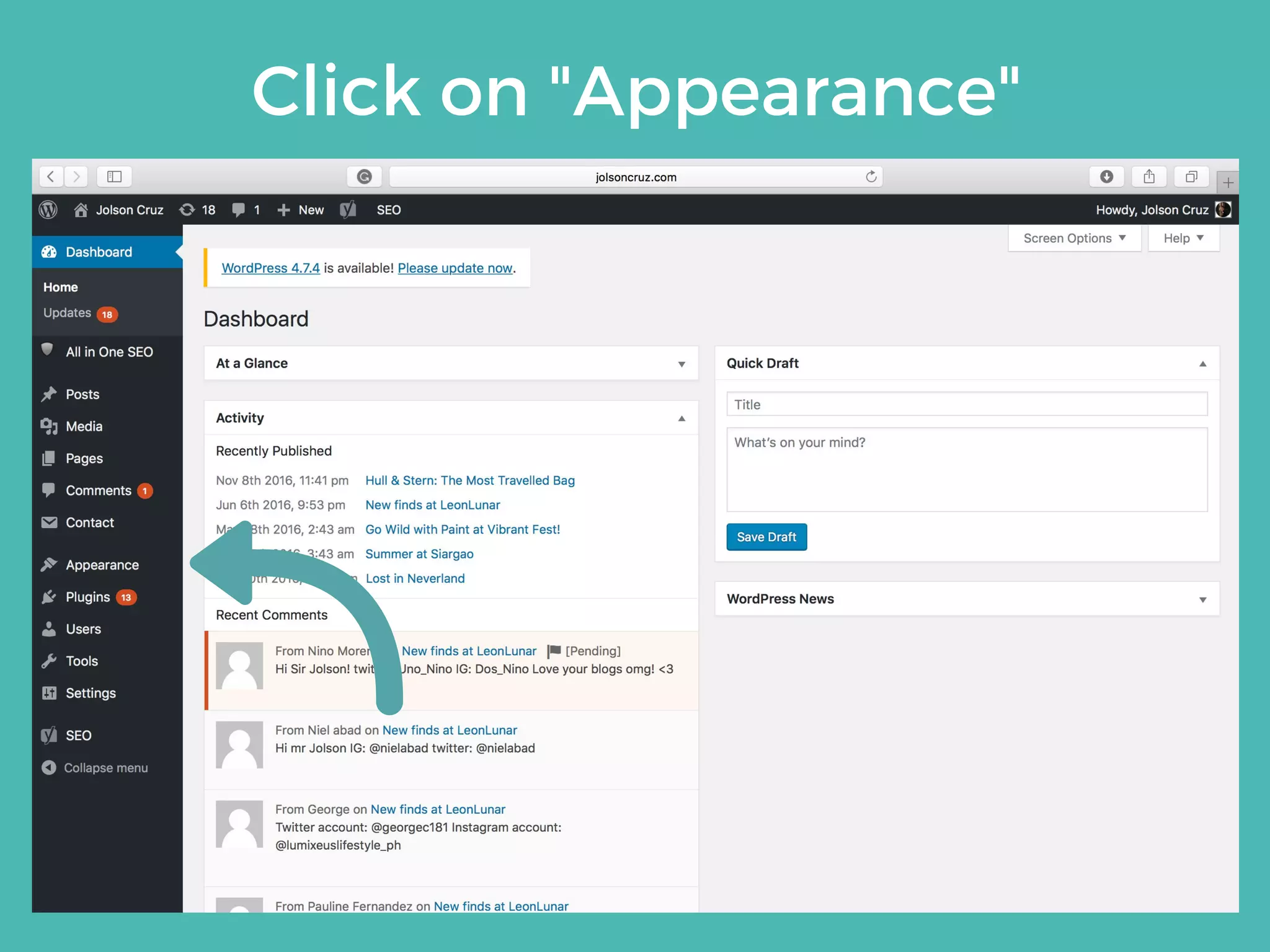Click on "Appearance"
 