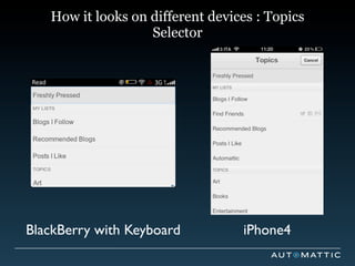 How it looks on different devices : Topics
                   Selector




BlackBerry with Keyboard          iPhone4
 
